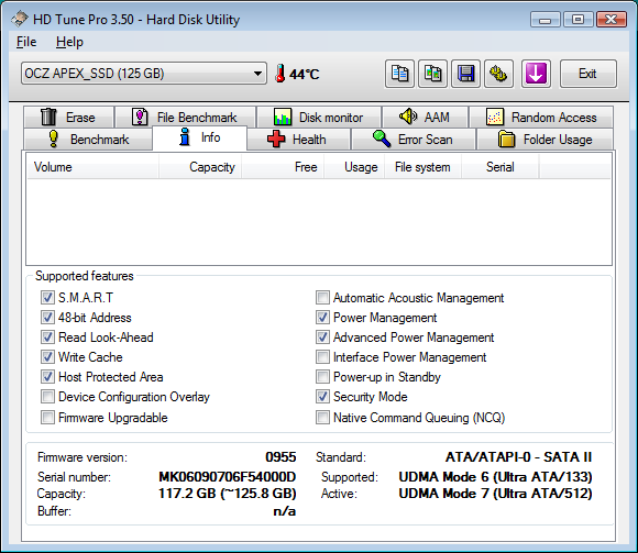 HDtune info - OCZ apex 120Go
