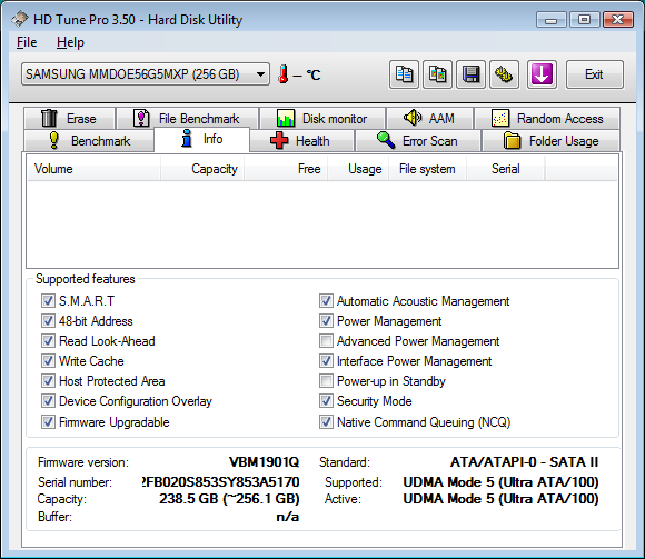 HDtune info - Samsung PB22J 256 Go