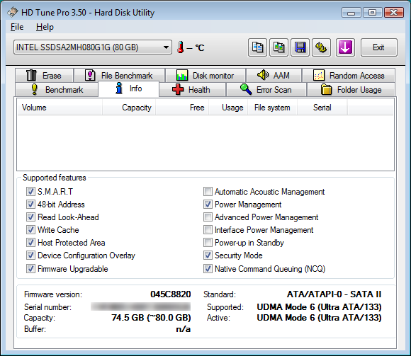 Hdtune info - Intel x25-m 80 Go
