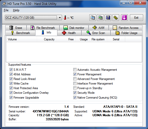 HDtune info - OCZ agility 120Go