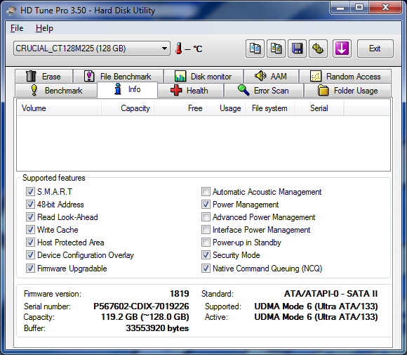 HDtune info - crucial M225 128 Go
