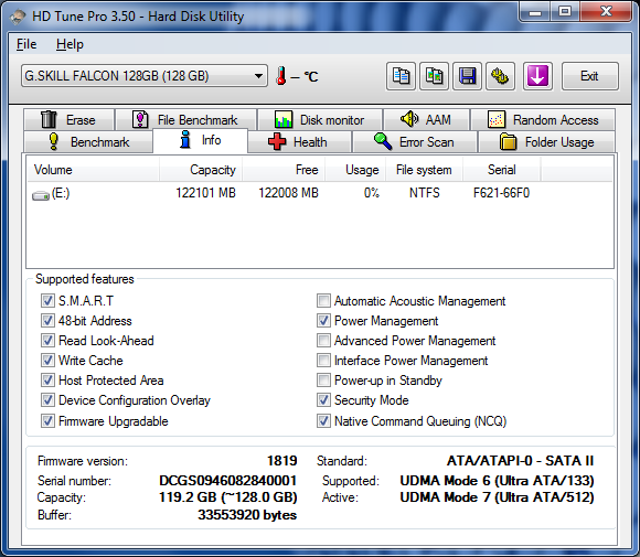 HDtune info - gskill falcon 128Go