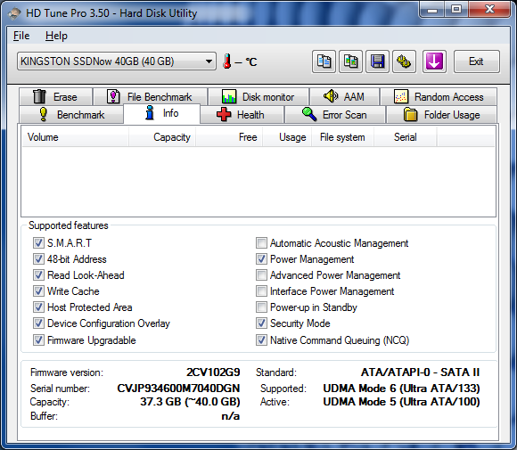 HDtune info - Kingston SSD now V series 40Go