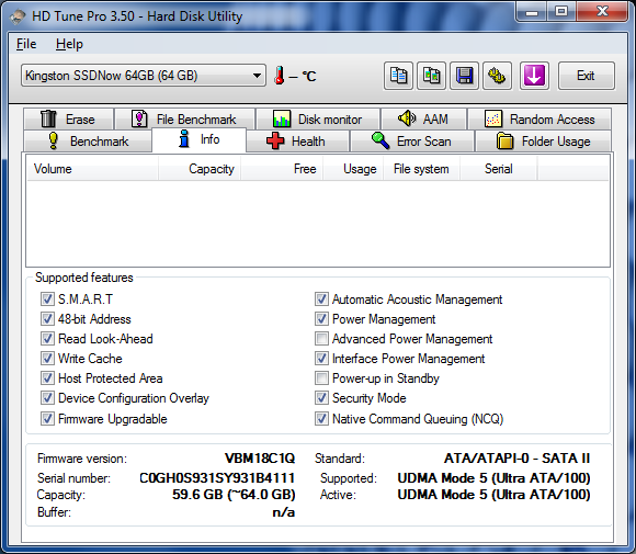 HDtune info - Kingston SSD now V+ series 64Go