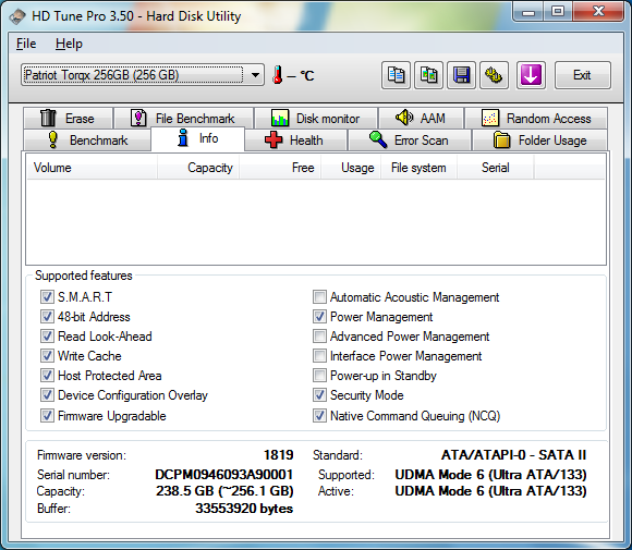 HDtune info - Patriot torqx 256Go