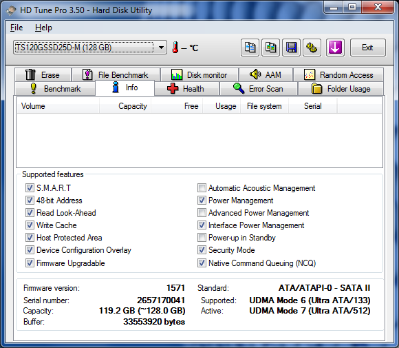HDtune info - transcend SSD25D 128 Go