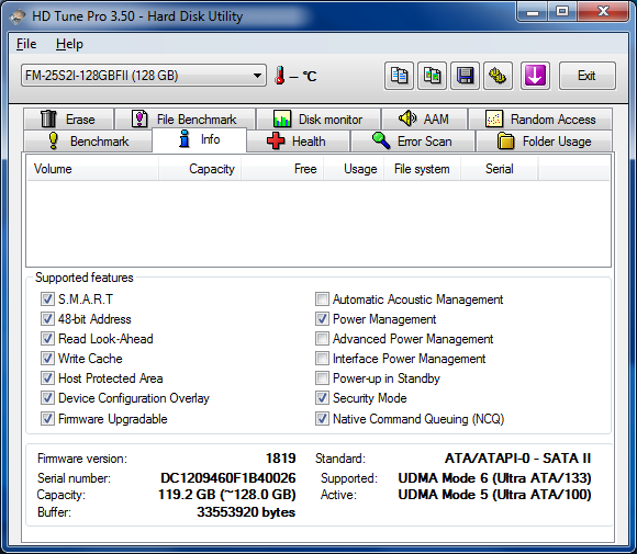 HDtune info - gskill falcon 2 128Go