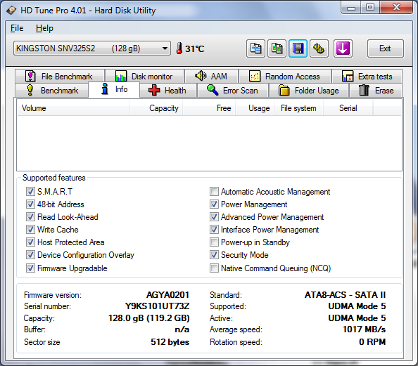 HDtune info - Kingston v+ serie 128 Go