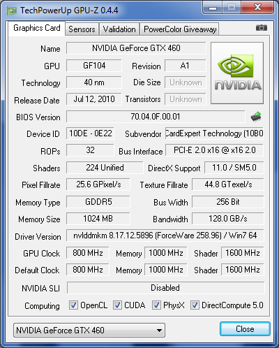 GPUZGainward GTX 460 1 Go