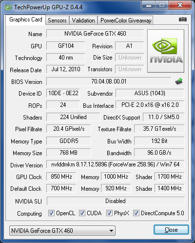 GPUZ GTX 460 768 Mo OC