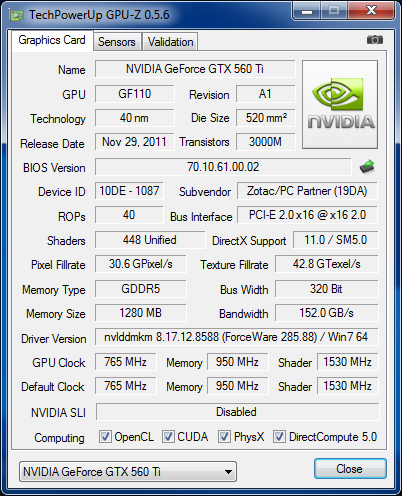 GPUZ Zotac GTX 560 Ti 448 Cores