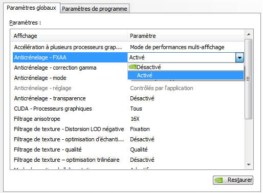 Intégration du FXAA au sein des pilotes