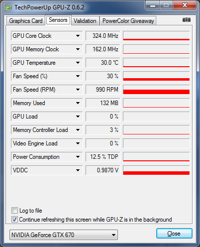 GPU-Z nVIDIA GeFORCE GTX 670 : fréquences au repos