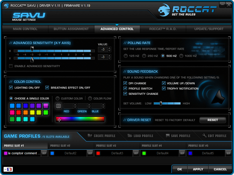 roccat savu : sensibilité des axes, customisation lumineuse et polling