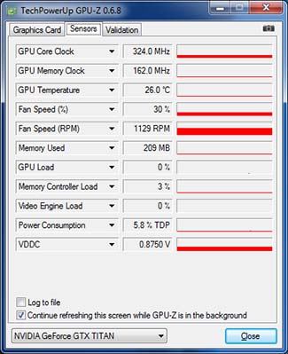GPU-Z nVIDIA GeFORCE GTXTitan : fréquences au repos