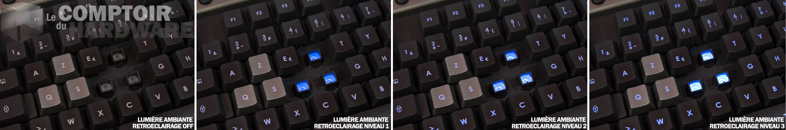 le rétroéclairage du k50, de dessus, ici en bleu