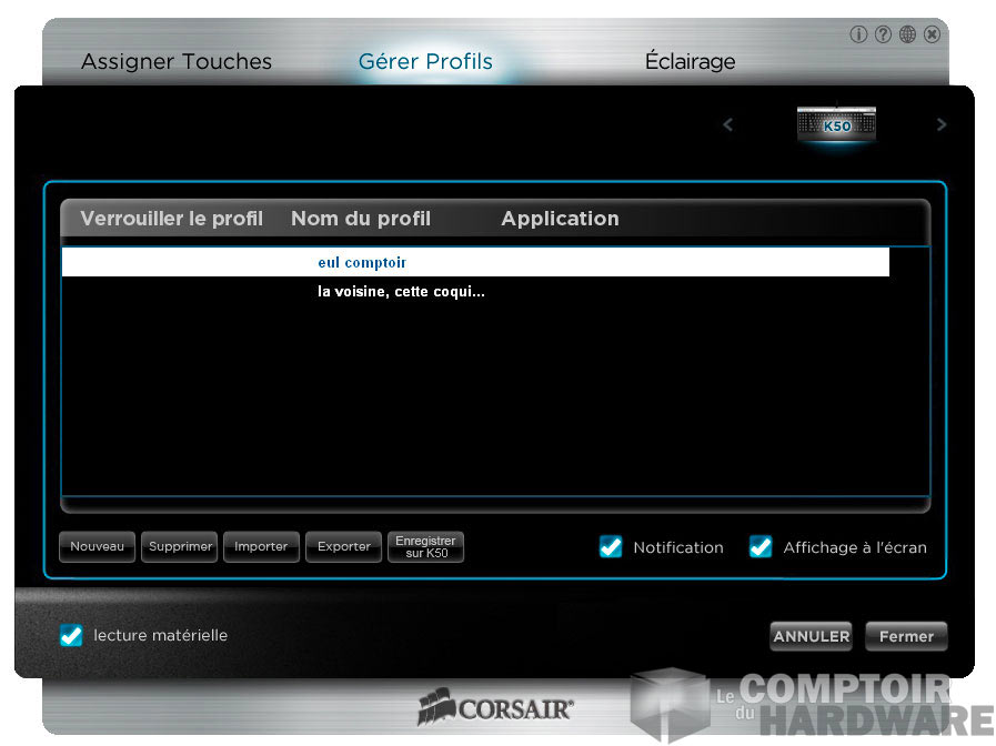 software k50 : gestion des profils et OSD