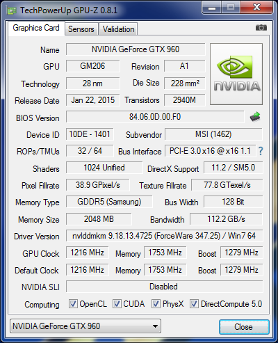 GPU-Z MSI GTX 960 Gaming