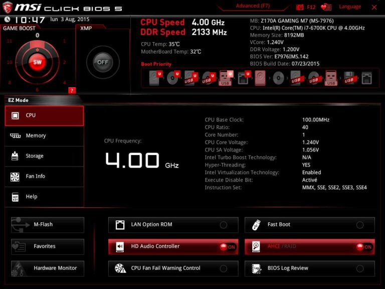 EZ Mode UEFI MSI Z170A Gaming M7