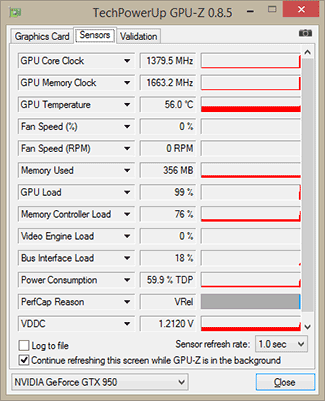 fréquences max. en charge MSI GTX 950 Gaming