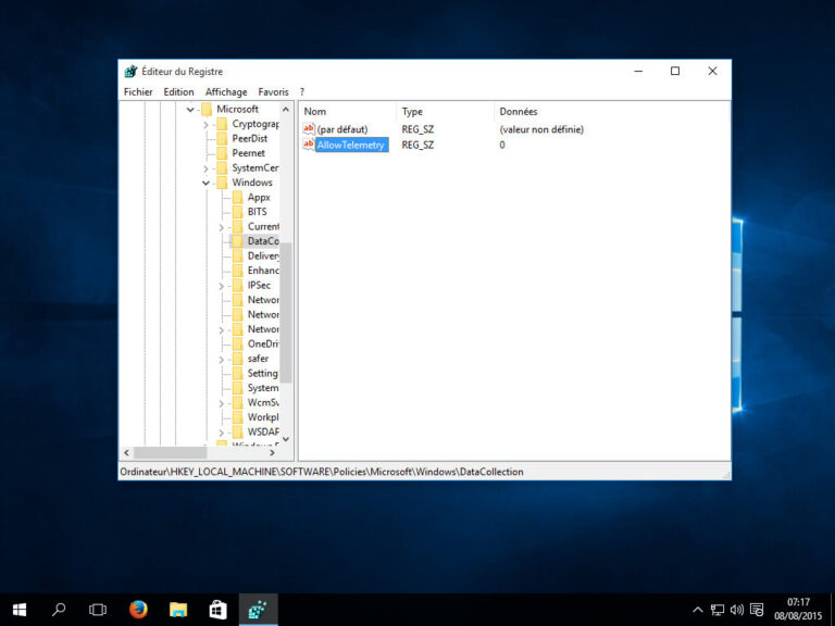 Désactiver la télémétrie dans le registre système