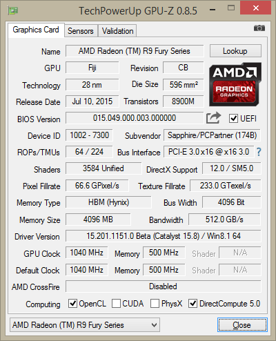 GPU-Z Sapphire R9 Fury Tri-X OC