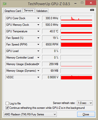 GPU-Z Sapphire R9 Fury Tri-X OC fréquences au repos