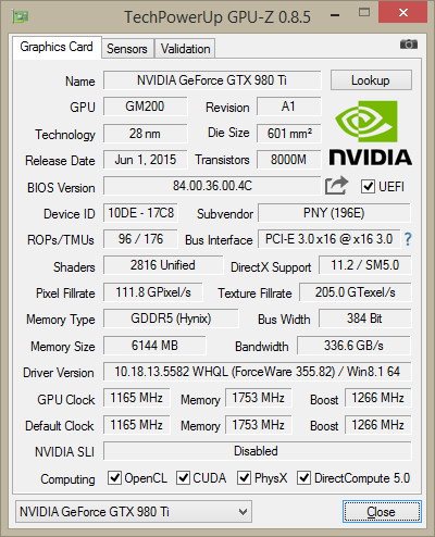 PNY GTX 980 Ti XLR8 OC GPU-Z