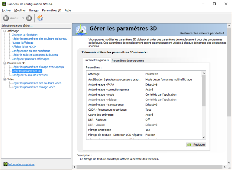 réglages GeFORCE