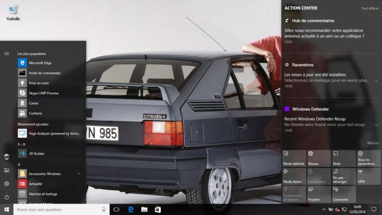 Action Center et menu démarrer minimaliste