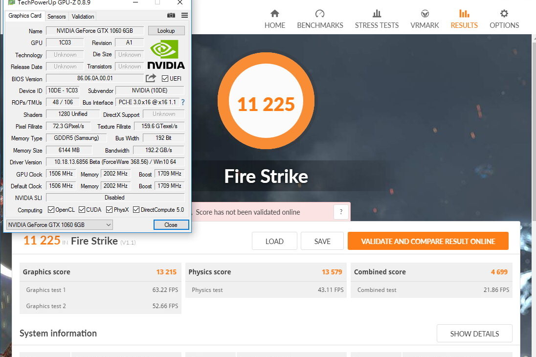 GTX 1060 - 3DMark Fire Strike et GPU-Z
