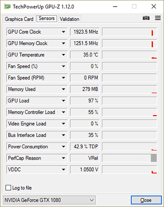 GPU-Z KFA² GTX 1080 EXOC Sniper : fréquences en charge