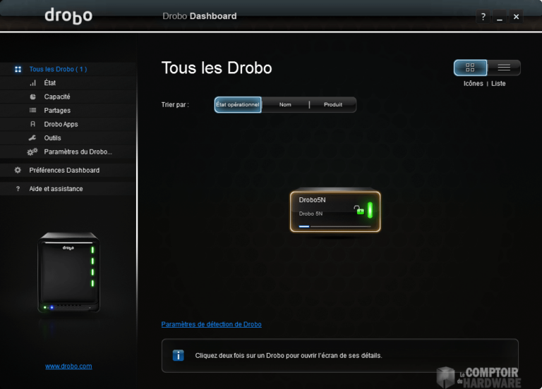 Page d'accueil du panneau de commandes