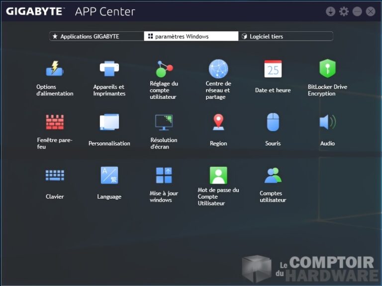 Paramètres Windows d'ans l'App Center