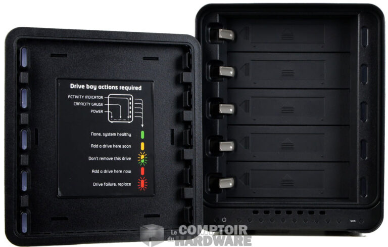 La face avant et les cinq baies de stockage