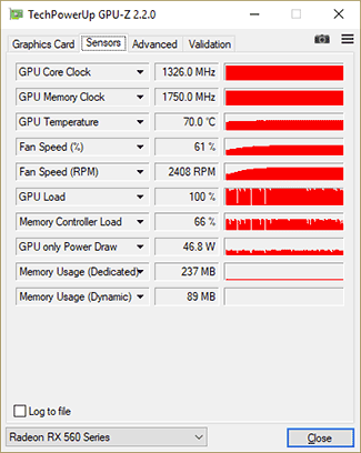 GPU-Z Asus RX 560 Strix Gaming : fréquences en charge