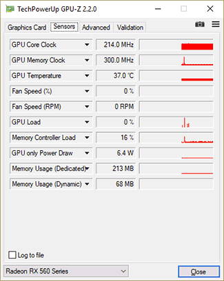 GPU-Z Asus RX 560 Strix Gaming : fréquences au repos