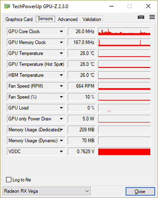 GPU-Z RX VEGA64 : fréquences au repos