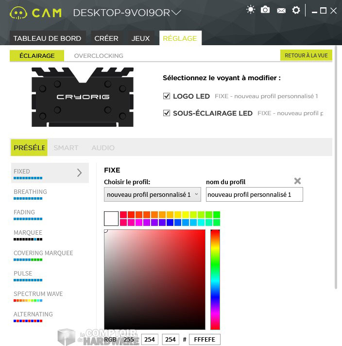 Les différents réglages via CAM