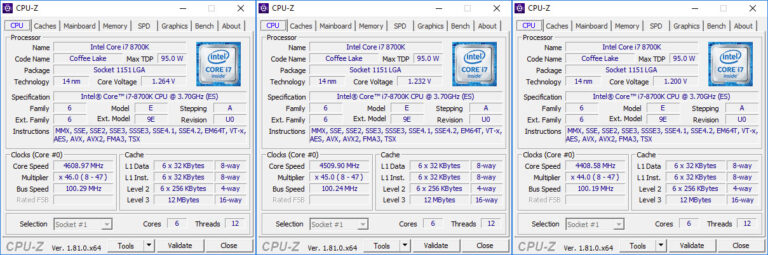 CPU-Z Core i7-8700K : 2 à 4 cœurs sollicités