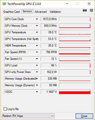 GPU-Z RX VEGA56 : fréquences en charge