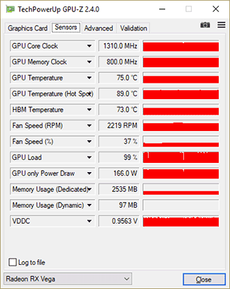 GPU-Z VEGA56 : fréquences sous The Witcher III