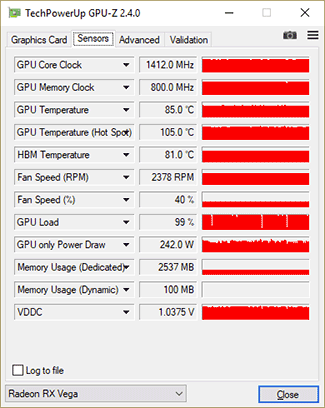 GPU-Z VEGA56 : fréquences sous The Witcher III conso +50%