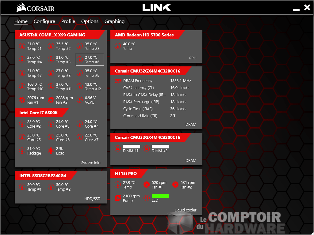 La page d'accueil de Corsair Link avec toutes les infos utiles