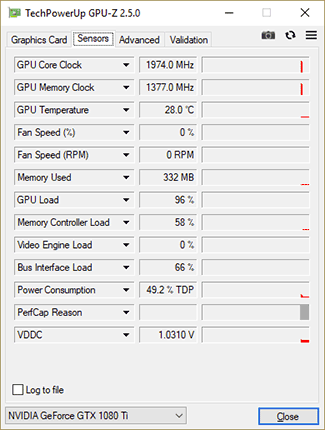 GPU-Z MSI GTX 1080 Ti Gaming X Trio : fréquences en charge