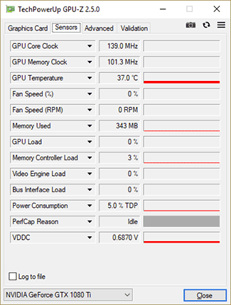 GPU-Z MSI GTX 1080 Ti Gaming X Trio : fréquences au repos