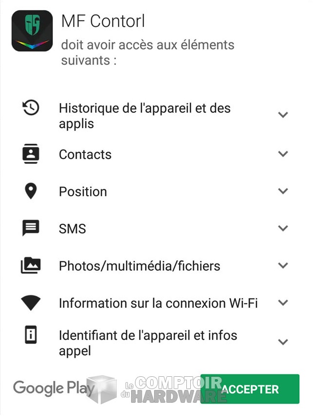 Les accès demandés lors du téléchargement