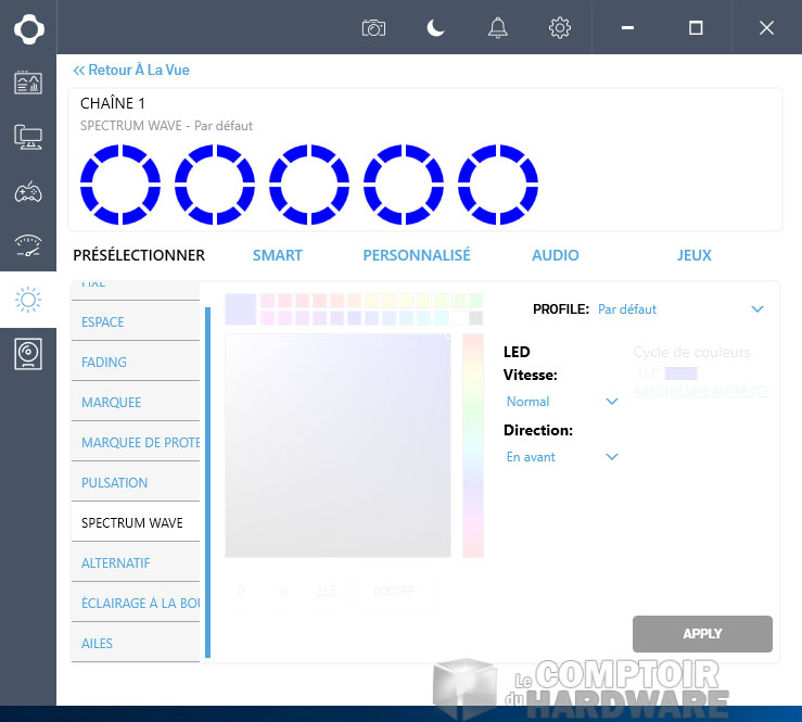 Les différents effets sont paramétrables ici