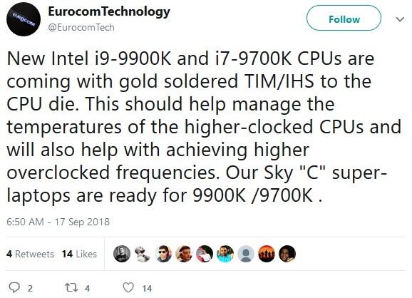 eurocom twitter 9900 9700k indium or ihs