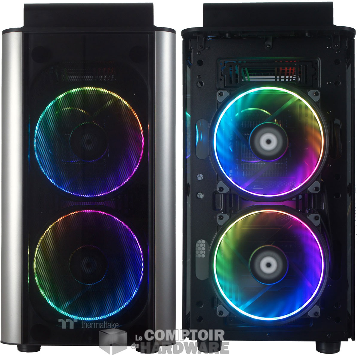 Avec et sans le cache de la façade. Les Riing Plus 20 RGB sont énormes !